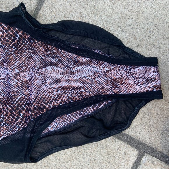 Vintage brown Snakeskin and Black Mesh One-Piece bathing suit Open Back swim - Picture 3 of 3